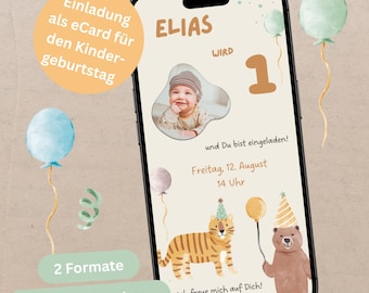 Children's birthday invitation with photo - Digital invitation card Tiger Bear Party Balloon, WhatsApp e-Card for birthday - Canva template