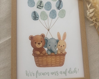 Baby shower guest book customizable - Baby gift - DIY fingerprint poster - Download - Balloon with bear, rabbit, elephant - Gender Reveal