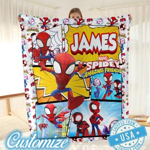 May include: A white blanket featuring a colorful comic book style design with the text "JAMES" and "MARVEL SPIDEY AND HIS AMAZING FRIENDS". The blanket showcases various images of Spider-Man and his friends in action poses. The word "Customize" is also visible.