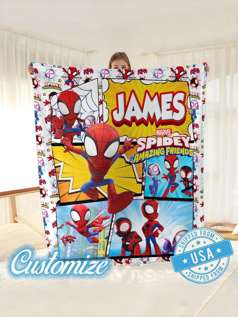 May include: A white blanket featuring a colorful comic book style design with the text "JAMES" and "MARVEL SPIDEY AND HIS AMAZING FRIENDS". The blanket showcases various images of Spider-Man and his friends in action poses. The word "Customize" is also visible.