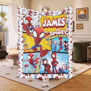 May include: A rectangular Marvel Spidey and His Amazing Friends blanket. The blanket features a comic book style design with the name "JAMES" and images of Spiderman and his friends. The border is white with repeating Spiderman graphics.