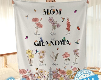 Personalized Name Grandma Blanket, First Mom Now Grandma Blanket, Personalized Birth Flower Blanket With Grandkids Names, Mother's Day Gift