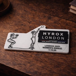 Op de afbeelding: Een wit rechthoekig evenementbadge met zwarte lijntekeningen van twee atleten. De badge heeft de tekst "HYROX LONDON" en "LONDON 2025 WOMEN'S SINGLE 1:15:20". De badge ligt op een donker houten oppervlak.