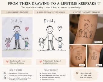 Obra de arte personalizada inspirada en tatuajes, creada a partir del dibujo de su hijo/a.