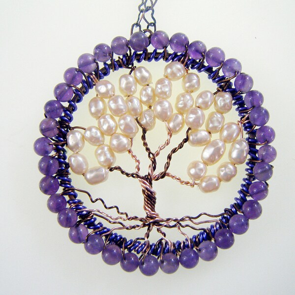 Tree Of Life Amethyst Encircled Pearl Necklace
