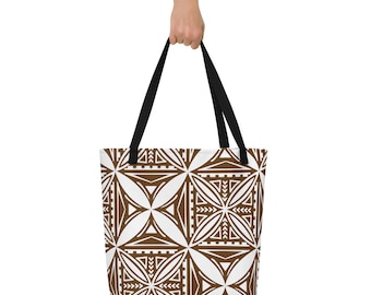 Brown Samoan Design All-Over Print Large Tote Bag
