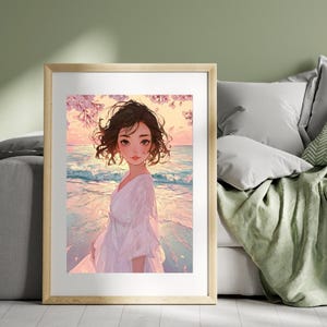 Sakura Ocean Sunset Anime Girl – Japanese Cherry Blossom Digital Wall Art Download