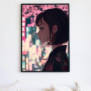 Anime Girl Side Profile in Neon City | Japanese Digital Wall Art