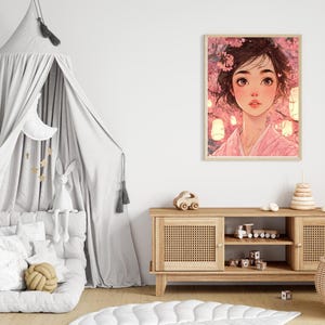 Japanese Kimono Girl with Sakura Lanterns | Anime Style Digital Art Print | Wall Decor