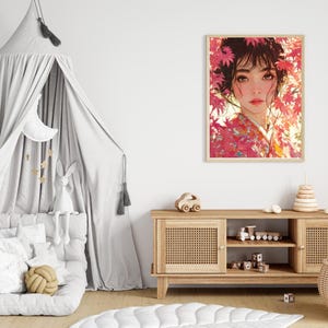 Japanese Kimono Girl with Autumn Maple | Anime Style Digital Art Print | Wall Decor