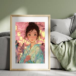 Summer Festival Fireworks – Japanese Yukata Girl Anime Art Print