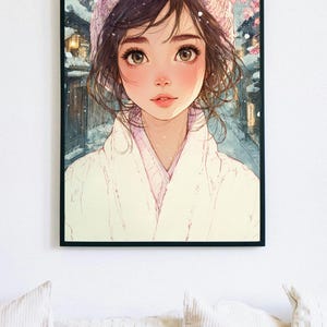 Japanese Anime Girl in Kimono | Winter Sakura Digital Art Print | Aesthetic Wall Decor