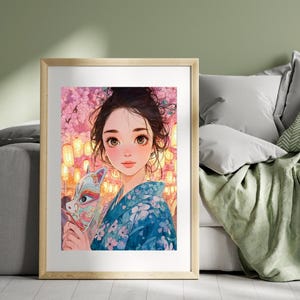 Japanese Summer Festival Anime Girl – Yukata Fox Mask Sakura Wall Art Digital Download