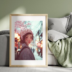 Snowy Street Sakura – Japanese Winter Anime Girl Wall Art | Digital Download Illustration