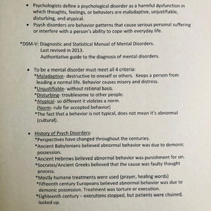 May include: A black and white text document with the title "Psychological Disorders". The document describes the definition of a psychological disorder and the history of how these disorders have been viewed throughout history.
