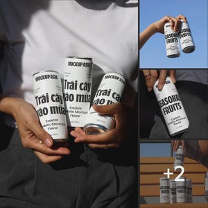 Soda Can Mockup CF36 – aluminum can in hand on park bench. Cool lifestyle mockup for soda, beer, coffee, juice, or energy drink branding.