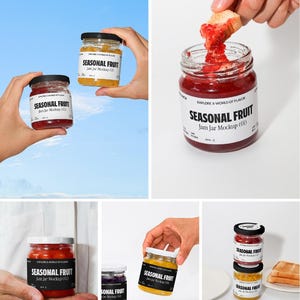 May include: A collection of glass jars filled with colorful fruit preserves. Each jar has a black lid and a label that reads "SEASONAL FRUIT Jam Jar Mockup." One image shows a slice of bread dipped in the red preserve. The jars are stacked in one image.