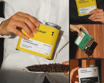 Maqueta de lata de café: Plantilla PSD de alta resolución (descarga digital)