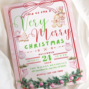 Könnte beinhalten: Eine rosa Weihnachtseinladung mit rotem Rand und den Worten "Very Merry Christmas" in grüner und roter Schrift. Die Einladung enthält Datum, Uhrzeit und Adresse mit festlichen Illustrationen.