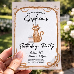 Whimsical Pastel Goth October Birthday Invitation | Tabby Cat Party Invite | Editable Canva Template