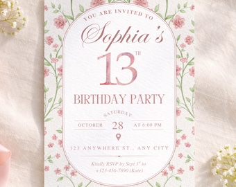 Editable 13th Birthday Invite Canva | Blush Pink Tea Party | Dusty Rose Mauve Floral