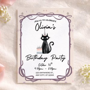 Whimsical Pastel Goth October Birthday Invitation | Black Cat Party Invite | Editable Canva Template