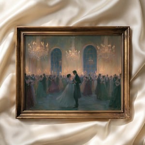 May include: A rectangular framed painting depicting a ballroom scene with numerous figures in formal attire dancing. The artwork features a central couple in a white gown and dark suit, surrounded by chandeliers and arched windows in a soft, warm light.