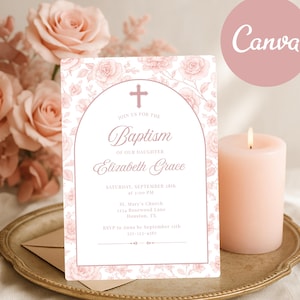 Blush Pink Floral Baptism Invitation: Vintage Toile Canva Template (Digital Download