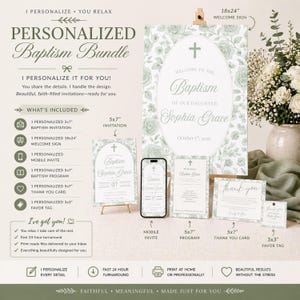 Personalized Sage Green Baptism Bundle, 6-Piece Catholic Christening Invitation Set