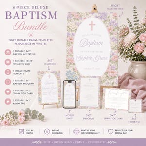 May include: A 6-piece deluxe baptism bundle with editable Canva templates. Includes a welcome sign, invitations, program, thank you card, and favor tag. The welcome sign is 18x24 inches. The invitation and program are 5x7 inches.