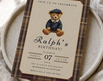 Vintage Preppy Teddy Bear Birthday Party Invitation Canva Template, Luxury Plaid Timeless Classic Designer