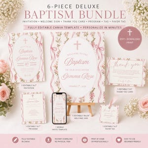 Coquette Floral Baptism Invitation Deluxe Bundle | Vintage Toile Canva Templates | Christening Set | Digital Download