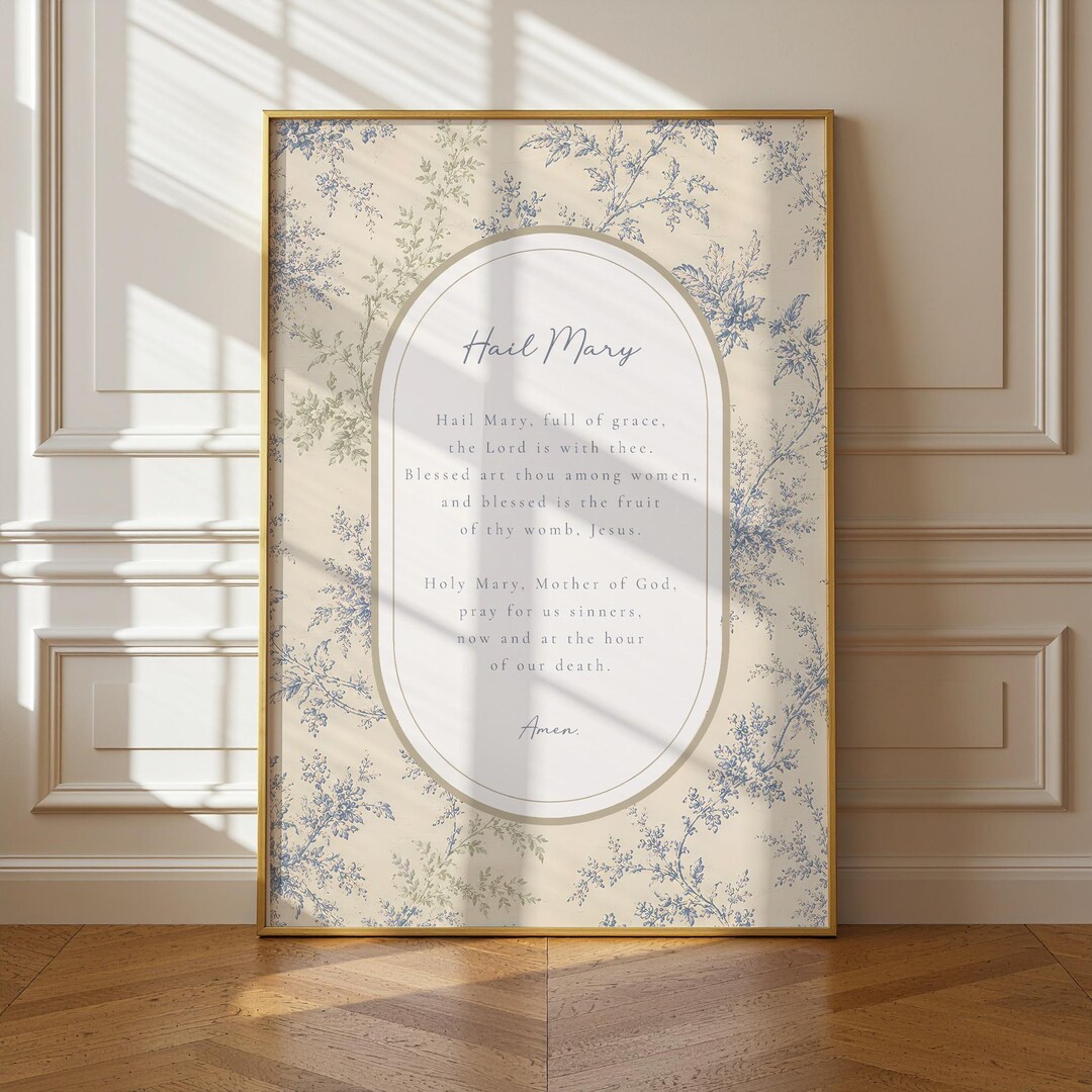 Hail Mary Prayer Print Catholic Wall Art Blue Toile Floral Printable ...