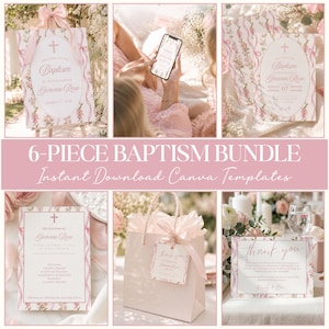 Coquette Floral Baptism Invitation Deluxe Bundle | Vintage Toile Canva Templates | Christening Set | Digital Download