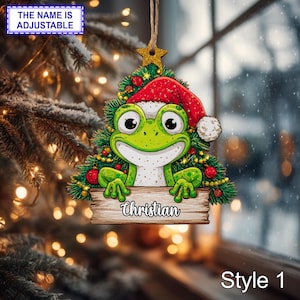 Personalized Frog Christmas Ornament – Custom Name Cute Animal Christmas Tree Hanging Decor – Flat Acrylic Xmas Ornament for Kids