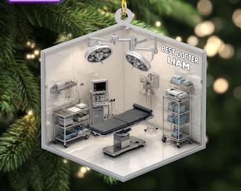 Custom Name Doctor’s Office Workspace Christmas Ornament, 2D Flat Christmas Tree Hanging Decor, Modern Medical Desk Scene Holiday Gift Idea