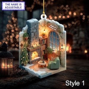 Personalized Reading Nook Ornament – Custom Name 2D Flat Christmas Tree Hanging Decor, Cozy Book Lover Gift, Unique Library Room Xmas Decor