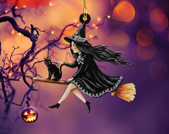 Wooden Witch Hanging Ornament. Witch on a Broomstick With Her Black Cat ...