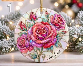 Personalized June Birth Flower Ornament, Rose Ceramic Christmas Ornament, Custom Name Keepsake, Birthday Gift for Her, Floral Decor