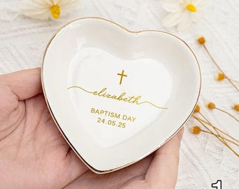 Personalized Baptism Ring Dish with Cross, Custom Christening Jewelry Dish, Baptism Gift for Girl, Goddaughter, Communion Keepsake Gift