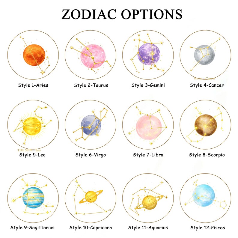 May include: Twelve circular designs featuring zodiac constellations and planets. Each design includes a planet illustration and gold constellation lines. The text "ZODIAC OPTIONS" is at the top, with each style labeled with a zodiac sign.