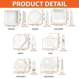 May include: A product detail image showcasing various white ceramic plates with gold rims. The plates come in square, round, scalloped, heart, star, and two hexagon shapes. Measurements are provided in inches and centimeters.