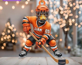 Décoration de Noël acrylique avec nom personnalisé, canard plat 2D en uniforme de hockey sur glace, tenant un bâton de hockey, décoration suspendue d'arbre, cadeau de vacances mignon
