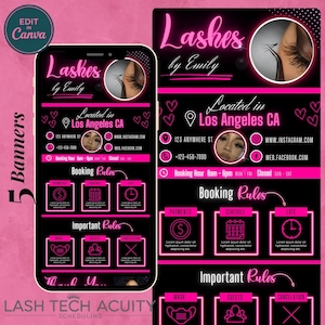 May include: A pink and black banner ad for a lash technician, featuring the text "Lashes by Emily" and contact information. The design includes hearts, icons, and a photo of an eye with lash extensions. The ad is designed for scheduling.