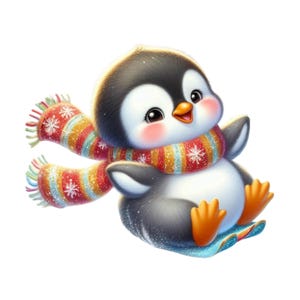 May include: A cartoon penguin with a black head and back, white belly, and orange feet. It wears a colourful scarf with snowflakes and is sitting on a blue surface. The penguin has a cheerful expression.