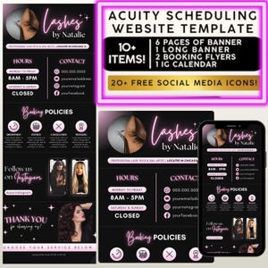 May include: A digital marketing template for a lash artist, featuring a website template with 6 banner pages, booking flyers, and social media icons. The design includes a phone mockup and business information.