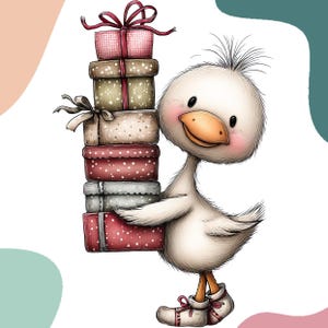 May include: A whimsical illustration of a white duck with rosy cheeks and a large orange beak, holding a stack of wrapped gift boxes. The boxes are in various colors, including red, brown, and silver, and are tied with ribbons. The duck is wearing shoes.