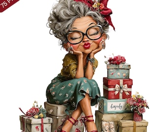 Fashionable Granny Clipart Bundle, Chic Birthday Graphics (Digital Download - 75 Files)