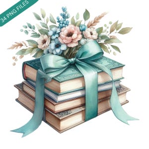 May include: Watercolor illustration of a stack of books tied with a teal ribbon and topped with a bouquet of flowers. The books have teal covers and the bouquet includes pink, white, and blue flowers with green foliage. The text "34 PNG FILES" is in the upper left corner.