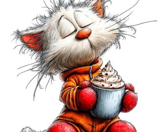 Christmas Cat Clipart Bundle, Funny Holiday Coffee Kitty PNG (Instant Download)